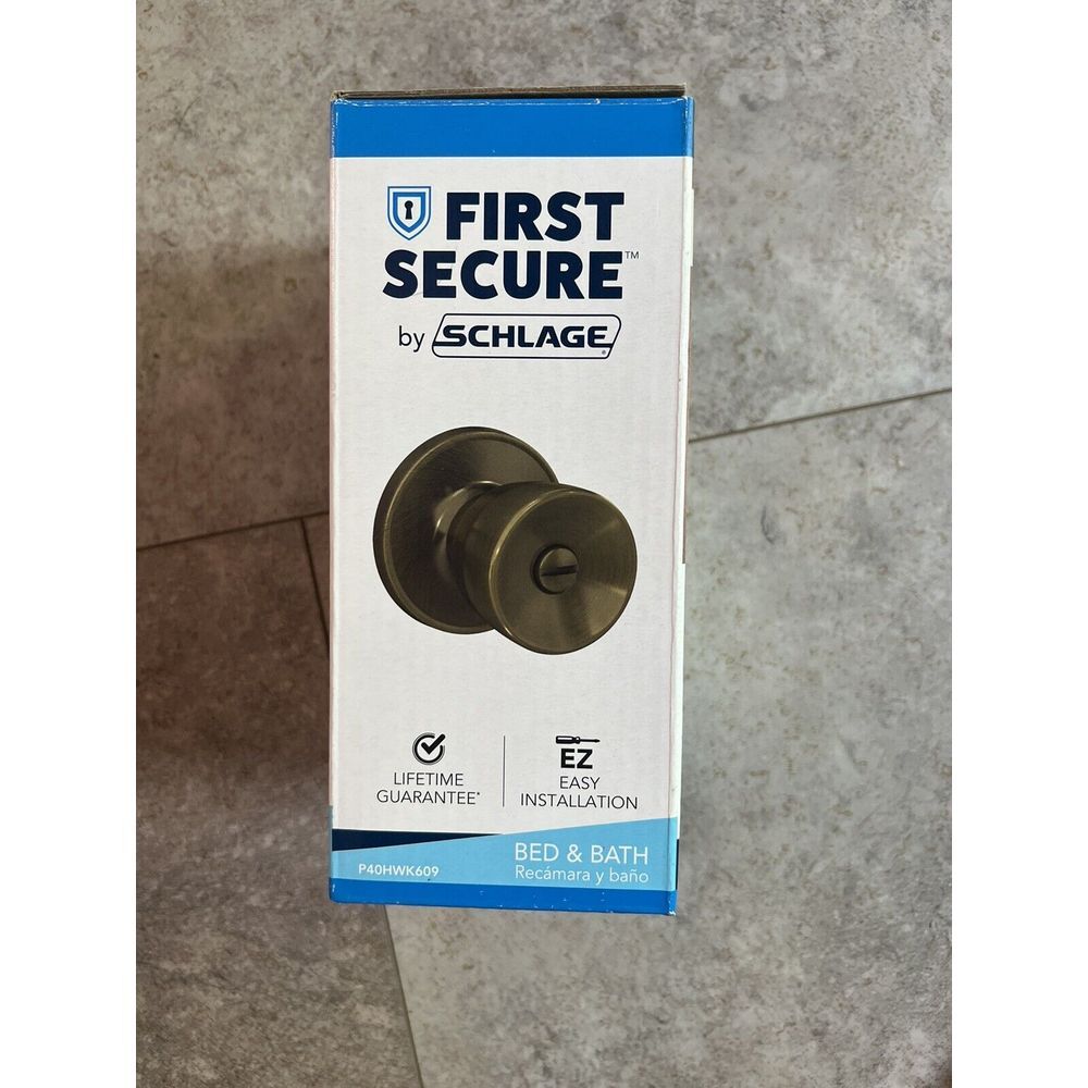NEW Schlage First Secure Bed and Bath Hawkins Antique Brass Knob - Picture 4 of 6
